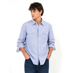 Blue Stripe Button Up Shirt Utility Pocket Cotton  Men L Paper Denim Cloth Y2K